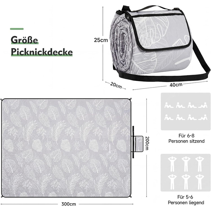 Плед для пікніка HAUSPROFI 200x300 см, водонепроникний, ізольований, XXL. Для пікніка, пляжу, кемпінгу. З бавовняним наповнювачем, ручкою для перенесення та кілочками. З миючим та стійким до деформації дизайном (листя)