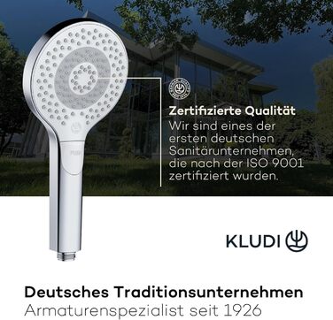 KLUDI-X3 Universal Shower Head with Hose, optional shower spray, water-saving with 3 spray patterns (Body, Hair, Skin), easy-to-clean shower head Ø 11.7 cm, shower hose 1.60 m