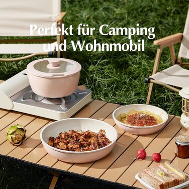 Redchef Ceramic Cookware Set with Detachable Handle, RV Cookware Set for Camping, Ceramic Non-Toxic Pot and Pan Set, PTFE-free, PFAS-free, PFOA-free, Space-Saving, Dishwasher-Safe (5-Piece Pink)