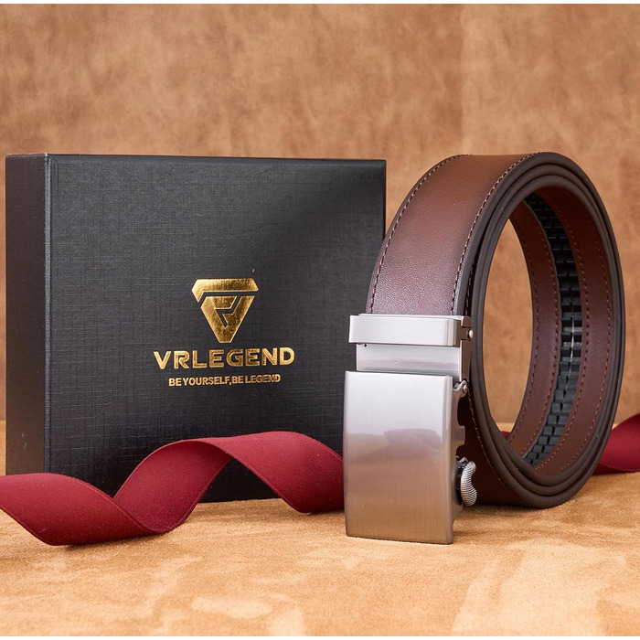 Чоловічий шкіряний ремінь VRLEGEND з автоматичною пряжкою (ратинг) без дірок для ділового костюма, розмір регулюється, з подарунковою коробкою, талія 30W-36W=довжина 110см, темно-коричневий