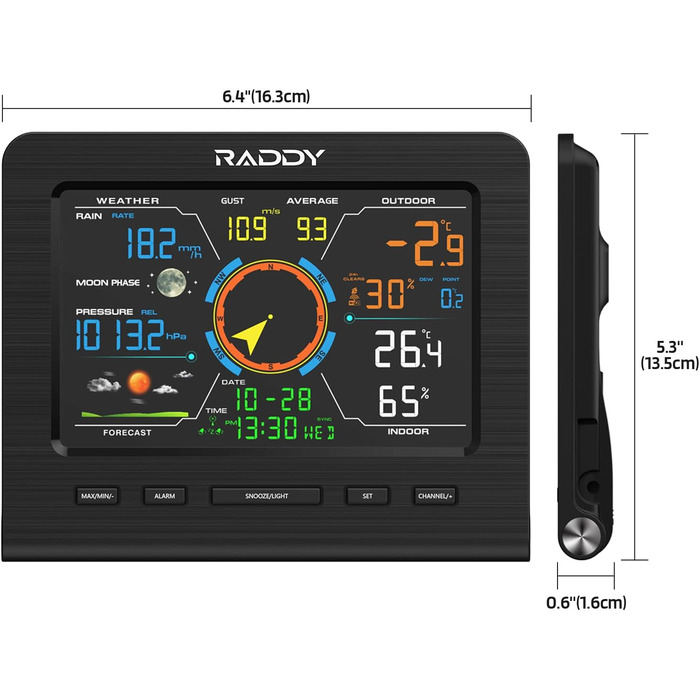 Метеостанція Raddy WF-100C Lite: Професійна бездротова метеостанція 13-в-1 з датчиком, барометром, гігрометром, термометром (внутрішнім/зовнішнім), вимірювачем вітру та дощу, прогнозом погоди для дому та саду