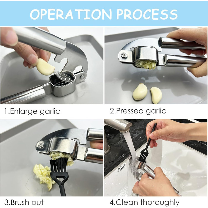 Прес для часнику Nutabevr з нержавіючої сталі з очищувачем та щіткою для чищення, прес для часнику з нержавіючої сталі, безпечний для миття в посудомийній машині