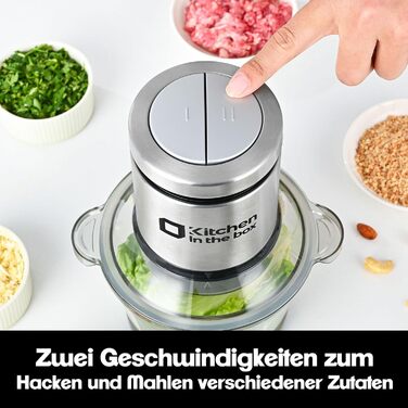 Електричний подрібнювач Zerkleinerer Kitchen in the Box 400W зі скляною (1л) та сталевою (2л) чашами для м'яса, овочів, фруктів та дитячого харчування, сріблястий