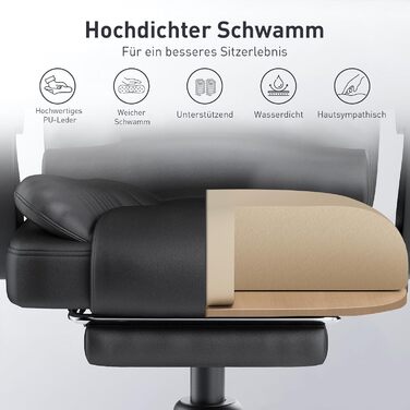 Офісний крісло-шезлонг для кухні/офісу Naspauluro: ергономічний комп'ютерний стілець з високою спинкою, підлокітниками та регулюванням висоти, функція нахилу, поворотний, з підніжкою (чорний)