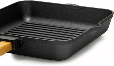 Чавунна сковорода гриль 26 см з дерев'яною ручкою для газових грилів, духовки, індукції та відкритого вогню