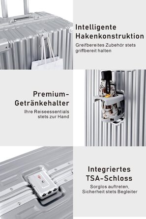 Валіза Aoliwei середнього розміру M (67 см) з алюмінієвим каркасом, полікарбонат, 65Л, з підстаканником та TSA-замком, срібляста