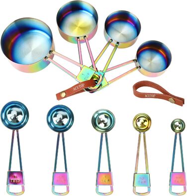 Intsun Measuring Spoon and Cup Set, Stackable Stainless Steel Measuring Cups and Spoons, Multicolor, with Engraved Measurements and Highly Polished Measuring Cup Set for Cooking, Mixing, and Baking