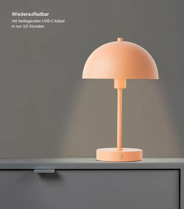 Mokebo® LED настільна лампа бездротова, акумуляторна, з регулюванням яскравості та USB-C, 'The Lighthouse', вінтажна лампа-горщик, грибний світильник, настільна лампа Taupe з металу з акумулятором, тепле біле світло (персикове)