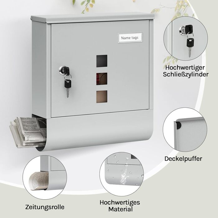 Поштовий ящик WOLTU з газетницею, оглядовим вікном та табличкою для імені, настінний, замикається на ключ (2 ключі), сучасний, сірий (30,5x33,5x9 см)