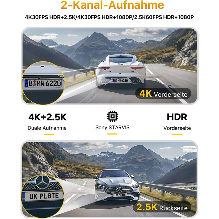 Відеореєстратор GKU 4K+2.5K з Wi-Fi 5GHz, GPS, Нічне Бачення STARVIS, IPS-дисплеєм 1.5', 24h парковка, 360° обертання, 64GB SD-карта, чорний