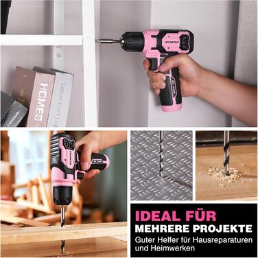 WORKPRO 8V акумуляторний дриль-шуруповерт, комплект з кейсом, 2000 mAh, 10 мм патрон, 12 Н·м, LED-ліхтик, 21 шт. аксесуарів, для ремонту та DIY, сірий & зелений (рожевий & чорний)