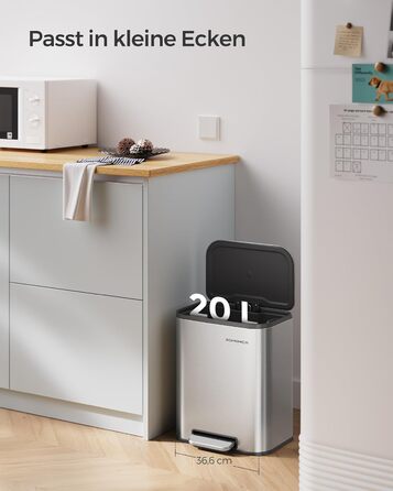 Відро для сміття SONGMICS 20 л з кришкою, з педаллю, сталеве, Soft-close, з внутрішнім відром, біле, LTB542W02