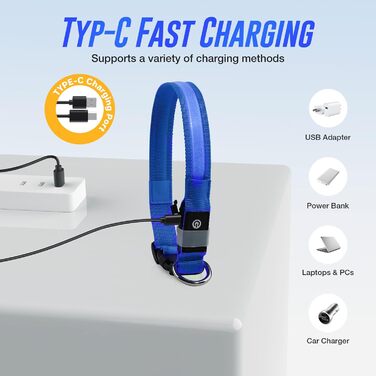 Світлодіодне нашийник для собак Jewyow 7-в-1, багатоквітний, USB-C, водонепроникний, для малих, середніх та великих собак - Синій, M