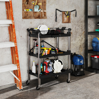 HOMCOM 3-Tier Rolling Tool Cart, Folding Tool Wagon with Handle, Assembly Cart Workshop Cart for Warehouse, Garage, Load Capacity up to 68 kg, Black | Aosom