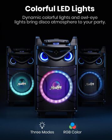 Moukey MK3016 – Караоке система з вокером 26см та твітером 8см, 2 мікрофони, Bluetooth, світлові ефекти, AUX/USB/TF/FM, TWS