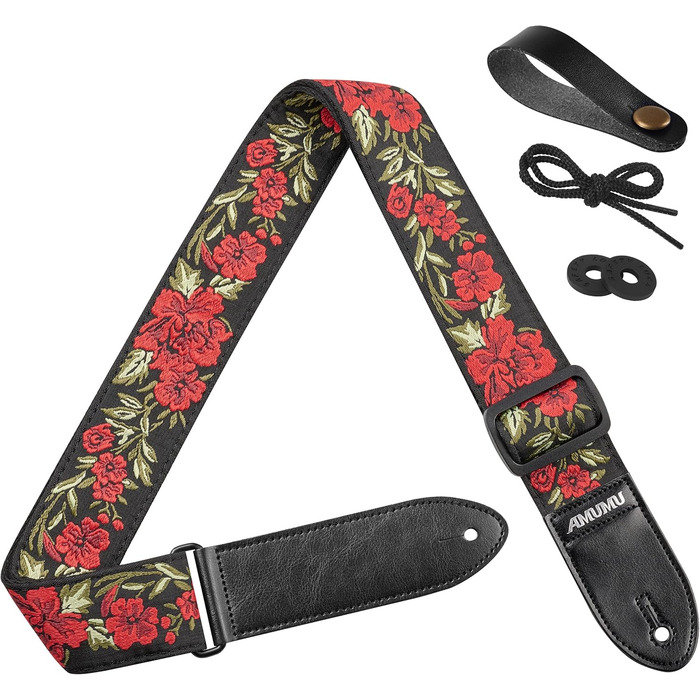Гітарний ремінь Amumu з бавовни з вишивкою троянд та шкіряними кінцями для бас-, електро- та акустичної гітари, з фіксатором та блоками Red Flower