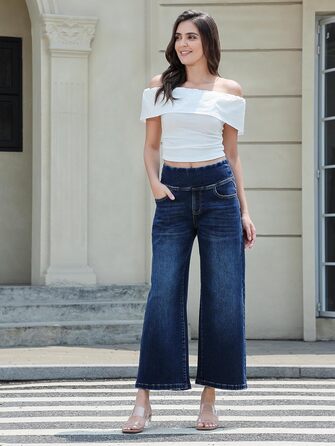 Джинси жіночі Baggy з високою талією, широкі, укорочені прямі, еластичні, літні, колір - темний індиго