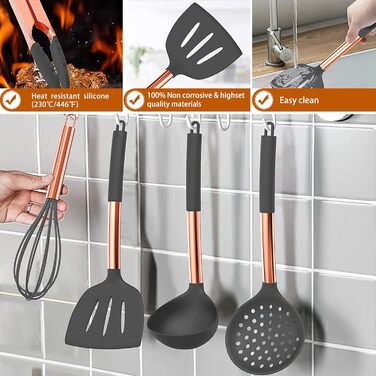 Набір кухонного приладдя Umite Chef, 15 предметів, силікон, червото-золоті ручки, антипригарне покриття, сірий колір