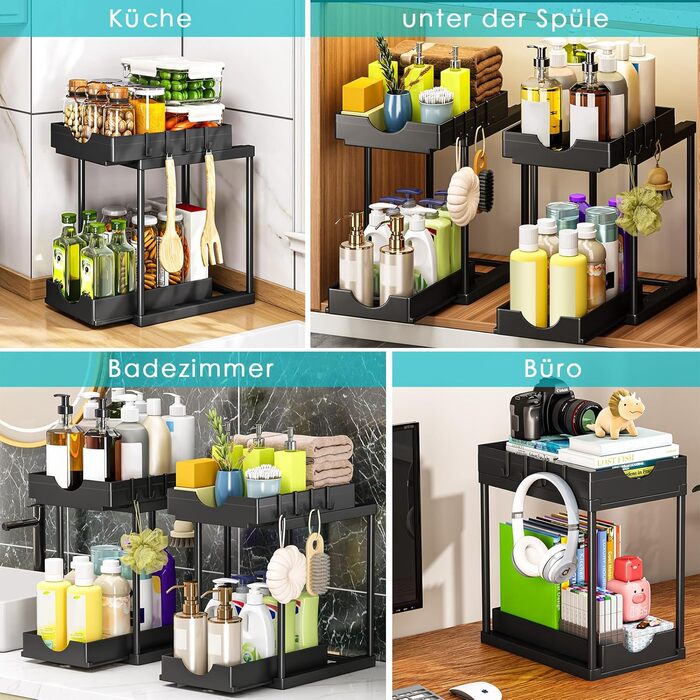 StowBin Kitchen Organizer, 2 Pack Under Sink Shelf with 4 Hooks, Dish Cabinet Organizer, Bathroom Organizer, Closet Organizer, Organization System for Kitchen
