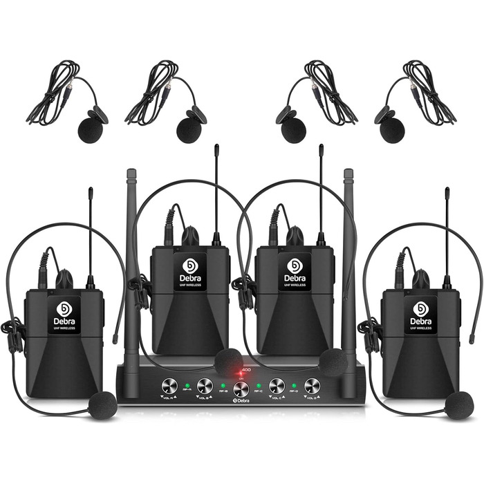 Набір мікрофонів Debra 4-х канальний UHF бездротовий: 2 ручні, 2 нагрудні (Bodypack), для співу, караоке, церкви. Модель AU400