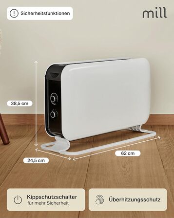 Електричний конвекторний обігрівач Mill 2000W з термостатом, 24-28 м², білий – MEC. Тиха електрична теплова гармата для дому.