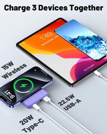 Powerbank Yiisonger Magsafe 10000mAh з бездротовою зарядкою, LED-дисплеєм та USB-C кабелем (фіолетовий)