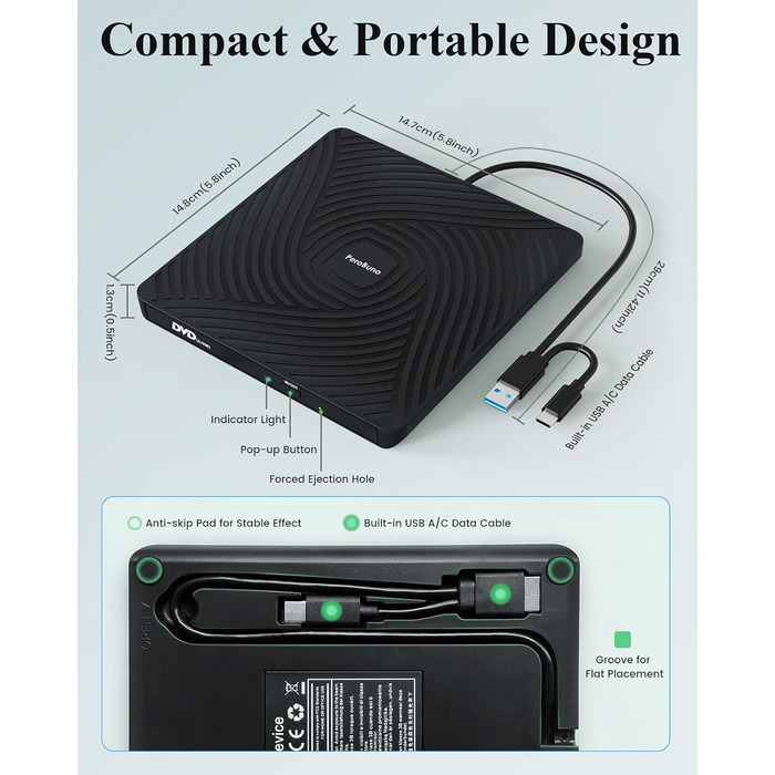 Зовнішній DVD-накопичувач PeroBuno USB 3.0 Type-C, CD ROM +/-RW оптичний привід, ультратонкий DVD-записувач та плеєр для ноутбука, PC, MacBook (Windows, Linux, macOS)