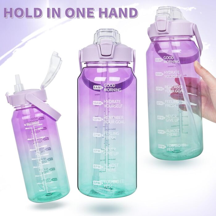 2L Tritan Water Bottle with Straw & Time Marker 2 liter BPA-free Motivational Water Bottle with Clock Large Sports Bottle for Gym, Fitness, Hiking (Transparent Purple / Green)