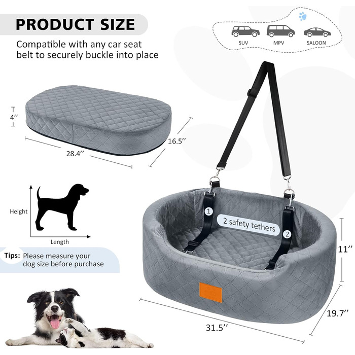 Автокрісло для собак великих та середніх порід (до 25 кг) або 2 маленьких, з поводокком та знімним чохлом – для заднього сидіння