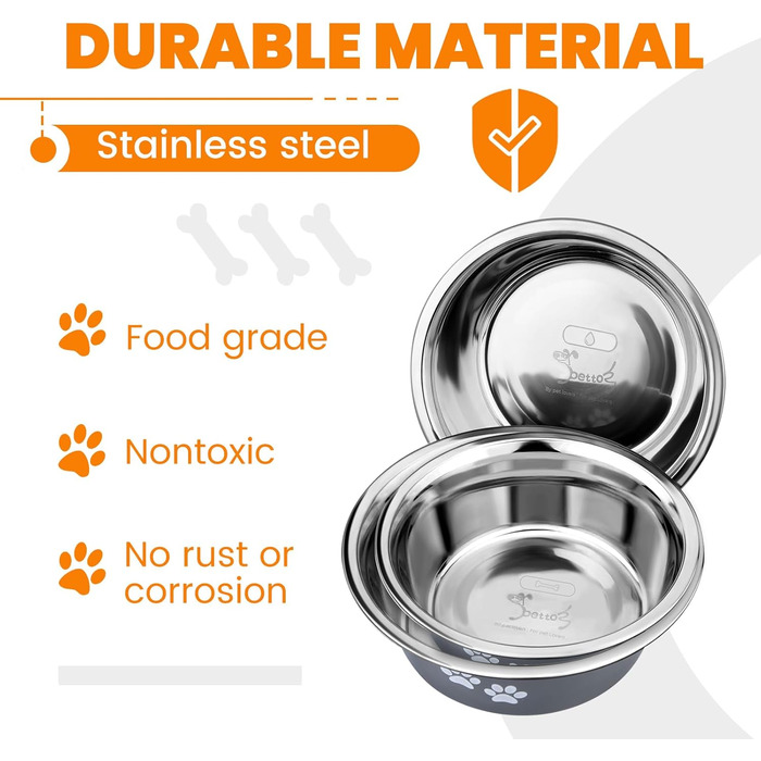 PETTOM Миски для собак 2 шт. з нержавіючої сталі (3120 мл), миски для корму для собак, великі, середні та малі породи, миски для води для собак, сірі, з неслизьким силіконовим дном, розмір M - 21 см