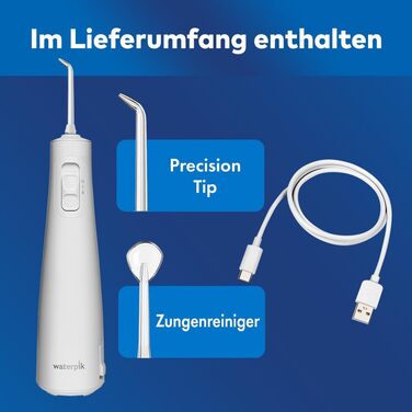 Waterpik Pulse Бездротова Іригатор для Рота (Мандюшче) з 2 Насадками, Білий. Професійне видалення нальоту, 2 режими інтенсивності, 45 сек резервуар, для чищення зубів та міжзубних проміжків