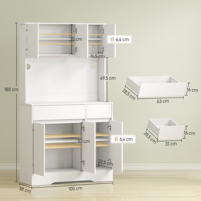 HOMCOM Kitchen Cabinet Buffet with Countertop, 6 Doors, Tall Cabinet with Adjustable Shelves, Cable Holes, Microwave Cabinet Modern Storage Cabinet, White, 100 x 38 x 180 cm | Aosom