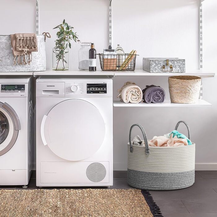 Rieeyrslza Laundry Basket for Blankets 32L Woven Laundry Collector Cotton Rope Basket Foldable Versatile Storage Basket with Handles Suitable for Living Room and Bedroom (Gray) Gray 40 x 25 Cm