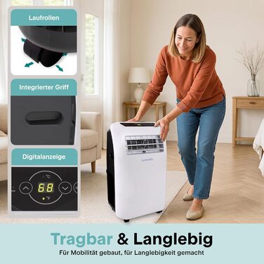 Мобільний кондиціонер SereneLife 9000 BTU з виносним шлангом. 3-в-1: кондиціонер, вентилятор, осушувач повітря. Підходить для кімнат до 42 м². Білий.