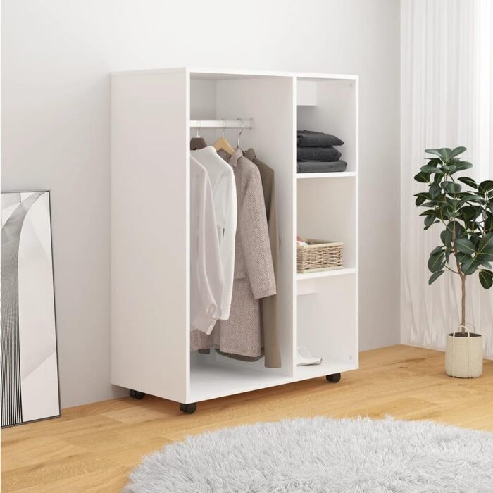 vidaXL Wardrobe with Open Shelf, 3 Side Shelves, Wheels, Coat Rack, Wardrobe, Bedroom, Cabinet, White, 80x40x110cm, Wood Composite