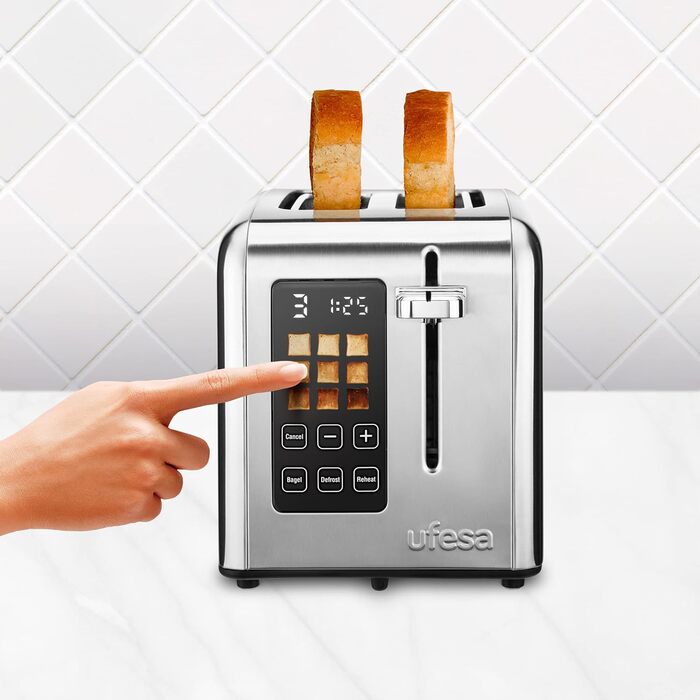 Ufesa Digital Future Toaster, Stainless Steel with 2 Slices, 950W Power, 9 Browning Levels for Bread and Bagels, Touchscreen, Defrost Function, 2 Wide Slots, Inox Screen