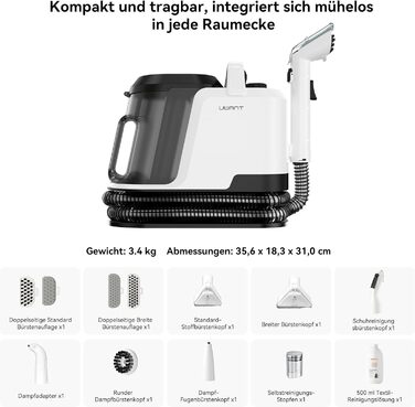 Uwant Y100 Пароочисник для диванів, килимів та авто. 3-в-1, 18KPA, 1750W, 65°C, самоочищення, 7 насадок та засіб для чищення, 2 роки гарантії