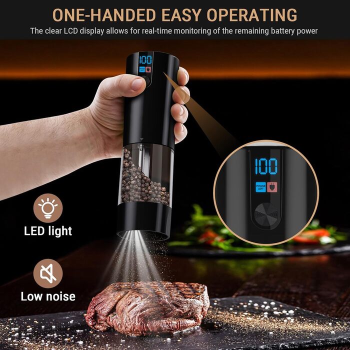 Електричний набір солі та перцю, USB, автоматична млинка, регулювання помелу, LED-дисплей, 120мл, сенсорне управління, для кухні, чорний, 2 шт.