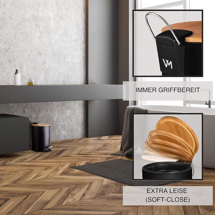 Смітник для косметики VMbathrooms з педаллю та бамбуковою кришкою, 3 л, Soft-Close, чорний — для ванної кімнати та туалету