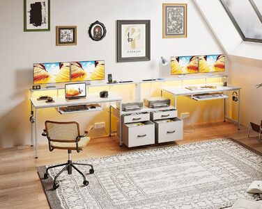 Ігровий стіл Coleshome з LED підсвічуванням, білий, 140x48 см. Стіл для комп'ютера з тканиними ящиками, 2 розетками та 2 USB-портами, з підставкою для монітора. Підходить для дому та офісу.