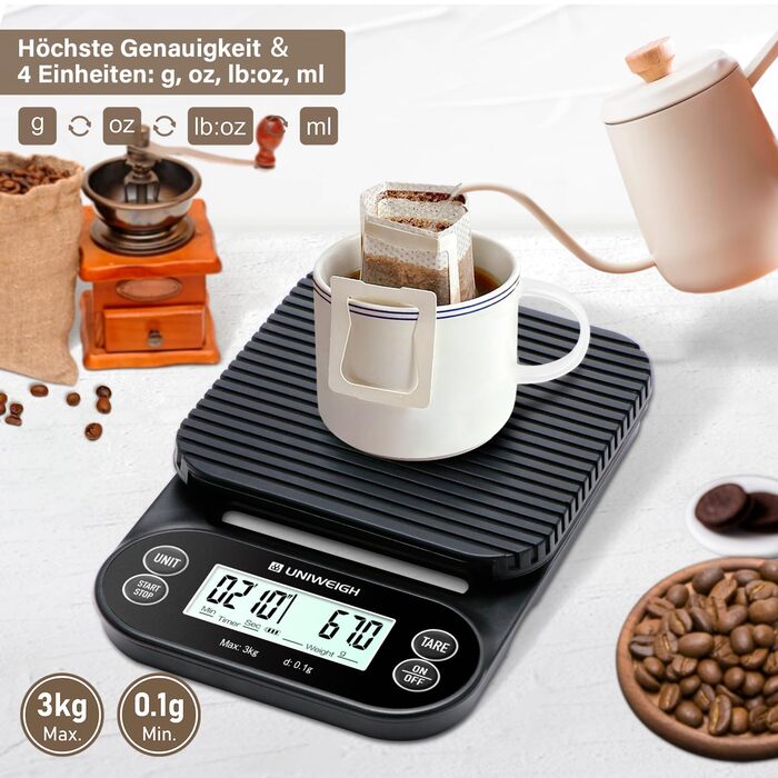 Ваги для кави UNIWEIGH з таймером 3кг/0,1г: високоточні ваги для еспресо з таймером, функцією Tara та LCD дисплеєм (батарейки в комплекті)