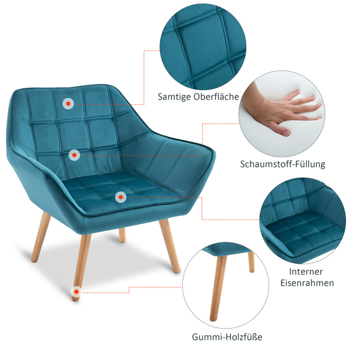 HOMCOM Single Armchair, Recliner Chair, Velvet, Raised Legs, Velvety Polyester, Scandinavian Style, Green, 64x62x72.5cm | Aosom