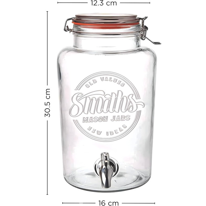 Скляний диспенсер для напоїв Smith's Mason Jars 5 л з нержавіючим краном, фільтром і дерев'яною підставкою — ідеально для лимонаду, води, коктейлів