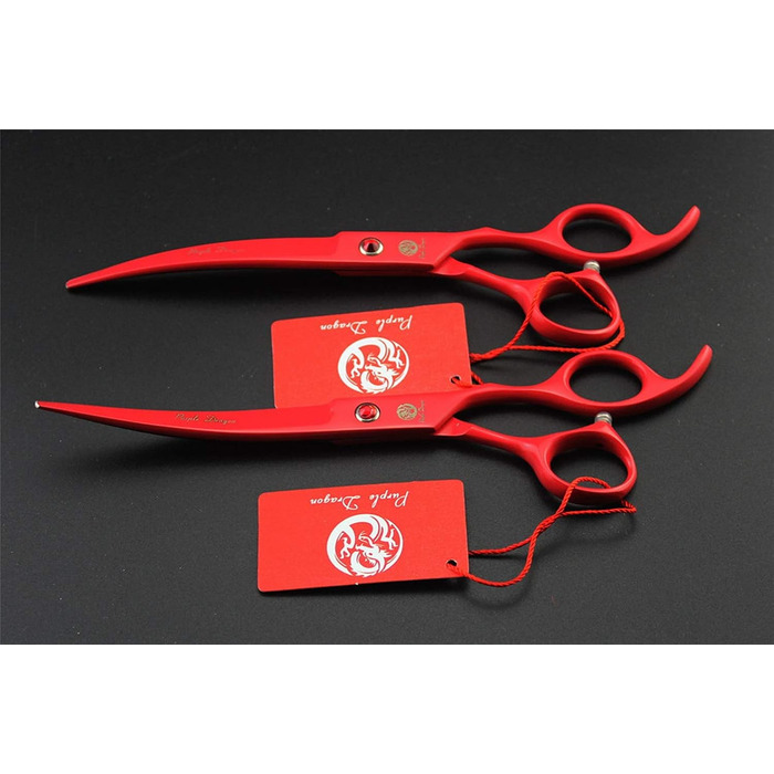 Набір професійних ножиць для собак Purple Dragon 7.0 дюймів: набір для грумінгу з ножицями для фінальної обробки, вигнутими ножицями для грумінгу, японська сталь 440C (червоний/Ausflug)