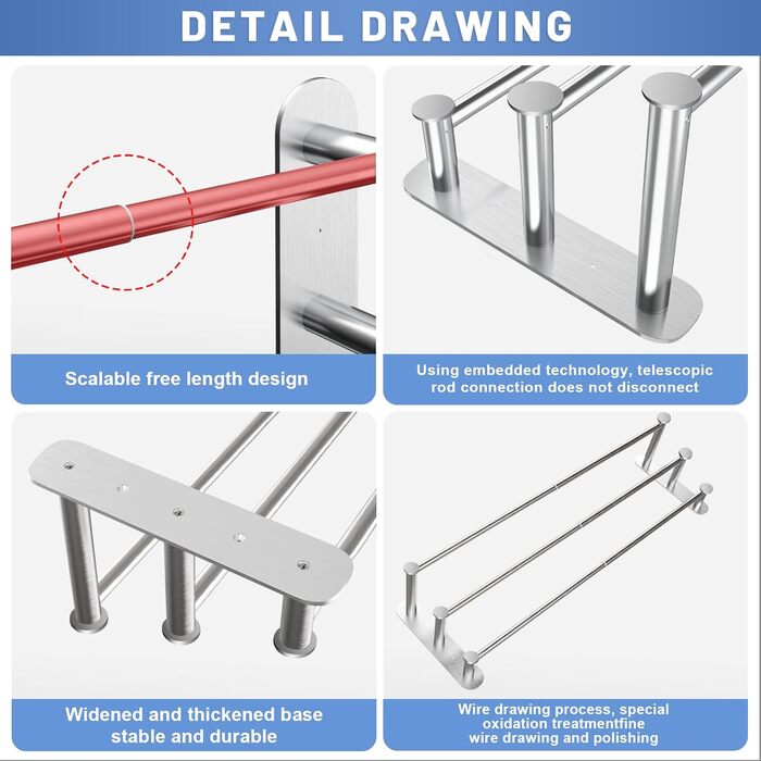 Тримач для рушників Lannvan без свердління, висувний 37-70см, нержавіюча сталь, для ванної кімнати та кухні, 2 способи встановлення, сріблястий