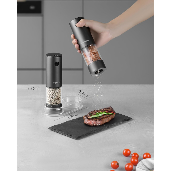 Електрична мельниця для солі та перцю FORLIM, USB-зарядка, регулювання помелу, 7 ступенів, 2 шт. (чорний+білий)