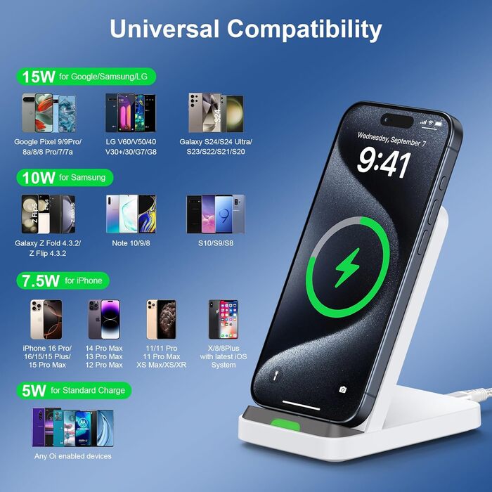 Бездротовий зарядний стан 15W для Samsung Galaxy S25/S24/S23/S22/S21 FE та iPhone 16/15/14, Google Pixel 9/8/7/6 (білий)