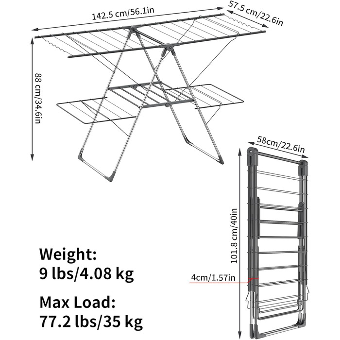 Сушарка для білизни Innotic - розкладна, портативна, з 4 крилами, регульована по висоті (сірий)