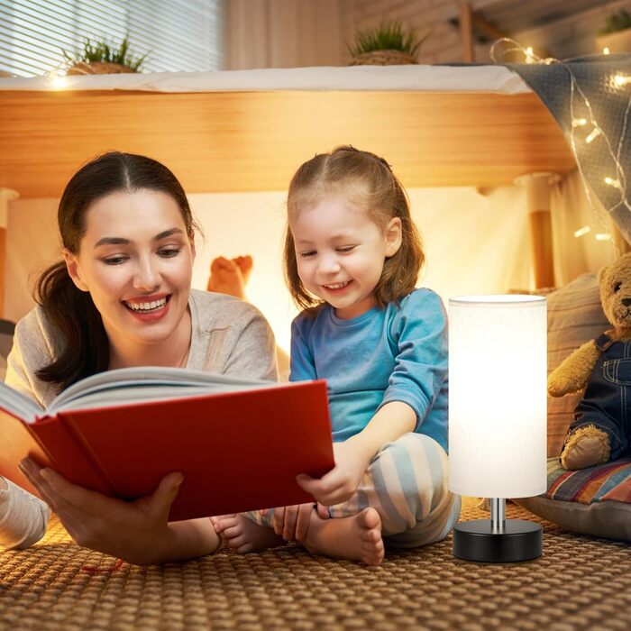 Нічна лампа Kakanuo з 3 колірними температурами, біла, з вимикачем, абажур з льону, для вітальні, спальні, офісу, дитячої кімнати (LED лампа в комплекті), колір A-білий+чорний