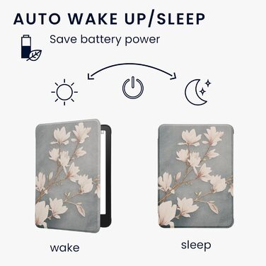 Чохол-книжка kwmobile для Amazon Kindle Paperwhite (2024)/Colorsoft: Захисний чохол з квітковим дизайном, магнітний замок, блакитно-червоно-білий колір, Magnolien Taupe Weiß, Blaugrau